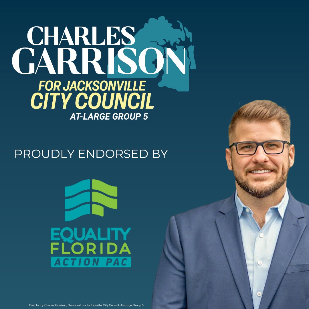 charlesforjax's tweet photo. Proud to have the endorsement of @eqfl_actionPAC for my campaign for Jacksonville City Council, At-Large Group 5. As a champion of equality and justice, I'm committed to building a better Jacksonville for ALL of our neighbors. Join me in this important fight! #BuildForward https://t.co/aqberNcJ0p