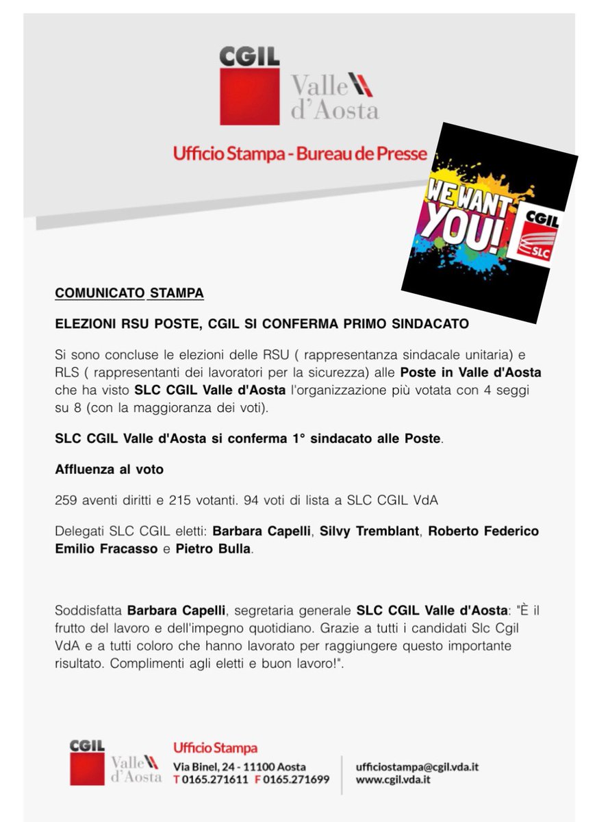 cgilaosta's tweet photo. Elezioni Rsu 📮Poste 💪🏻 Primi!
#rsuposte2023 #slccgil #VdA #valledaosta
@SlcCgil @collettiva_news @cgilnazionale @TgrRaiVdA @bobinetv @AnsaValledAosta @StampaAosta @aostasera @newsvda @lgpresse @Aostaoggi @AostaNews24 @aostacronaca https://t.co/HAQhyBkByj