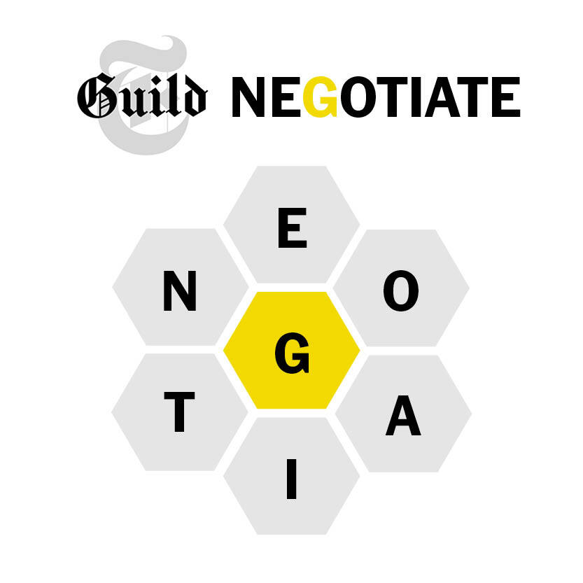 Today’s pangram is NEGOTIATE. 112 days after the <a href="/NYTimesGuild/">NYTimesGuild</a>’s one-day walkout, it sure would Bee nice if the company would negotiate in good faith. 

<a href="/nytimes/">The New York Times</a> CEO Meredith Kopit Levien's 2022 paycheck: $7.6 million
Years without a <a href="/NYTimesGuild/">NYTimesGuild</a> contract: two