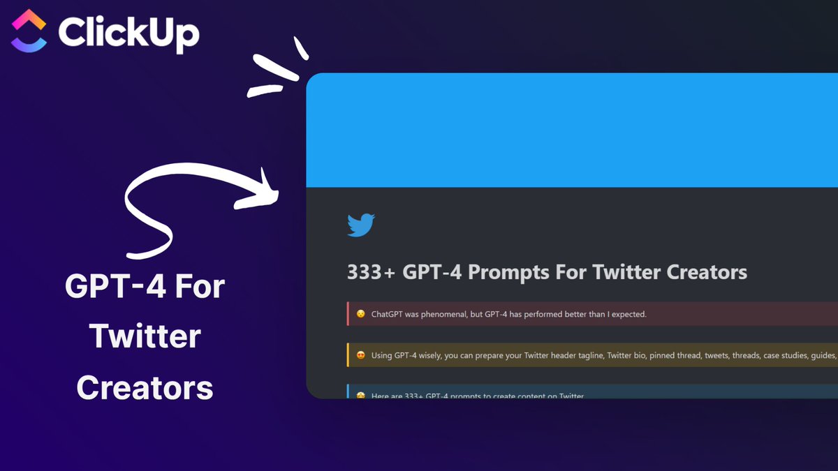 Twitter content creation is easy.

Because you have GPT-4 now.

I've prepared a ClickUp resource with 333+ GPT-4 Twitter content creation prompts

It is FREE for 24 hours.

To get it,
1. Like
2. Comment
3. Retweet '❤️ '

You must be following me or else I can't send it.