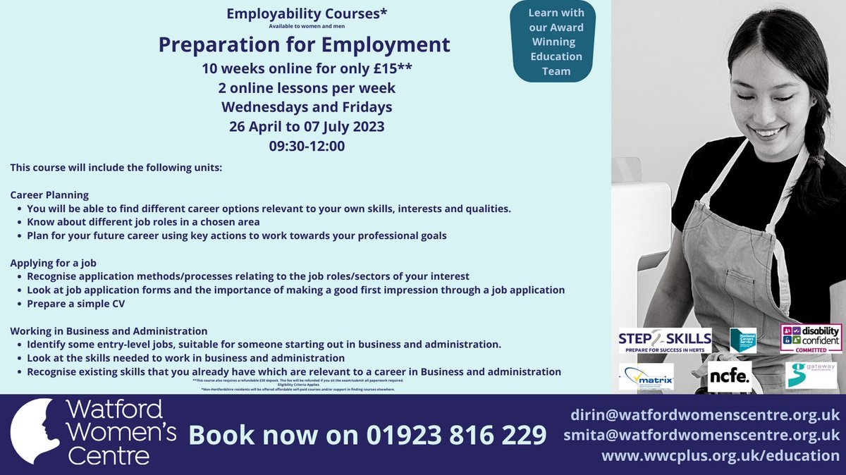 'Preparation For Employment' will help with career planning, job applications and will have a focus on working in business and administration.
#accreditedcourse #qualification
wwcplus.org.uk/education

Step 2 Skills funds most of our courses. hertfordshire.gov.uk/microsites/adu…