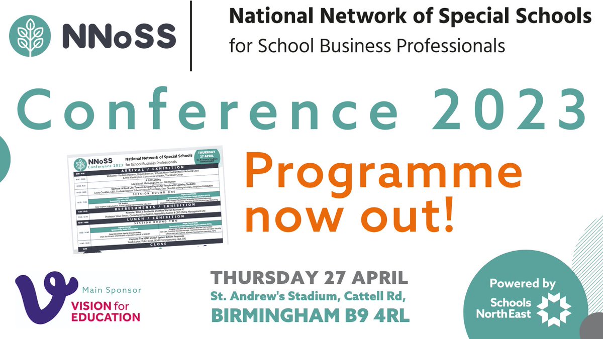 The NNoSS Annual Conference 23 Programme is now live!

Check out what to expect on April 27 here: ow.ly/Injw50NvYb5

Haven't booked your ticket? Register here: ow.ly/nEaj50NvYl9

#NationalNetworkOfSpecialSchools #SchoolBusinessProfessionals #NNoSS #SBP #SpecialSchools