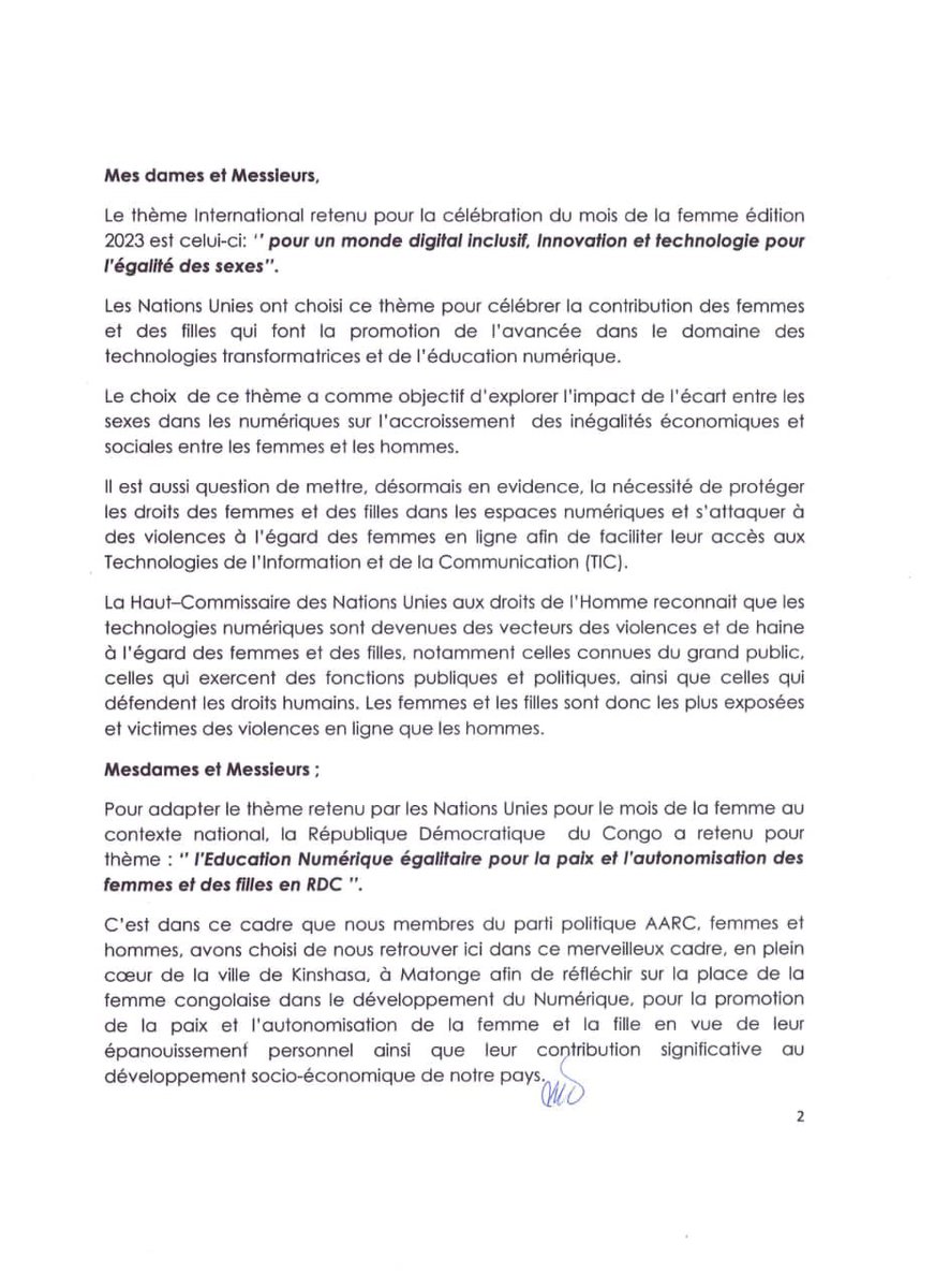 Les membres du parti AARC ont retenu à la clôture du mois de mars: l’inclusion numérique est tributaire d’une paix durable en RDC, paix possible que par le respect des ppes de la démocratie basée sur les élections libres transparentes et inclusives. 1/2