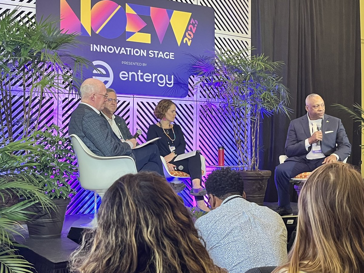 robertcpettit's tweet photo. Had a great first day at #NOEW23! Listened to speakers from @EntergyNOLA @GNOinc @neworleansbio @TheBeachUNO  discuss New Orleans’ path to growth through resiliency. Caught an inspiring  session w/ @STEMNOLA’s Dr. Calvin Mackie. All at the #innovation stage sponsored by @Entergy! https://t.co/zDZrlmwLwQ