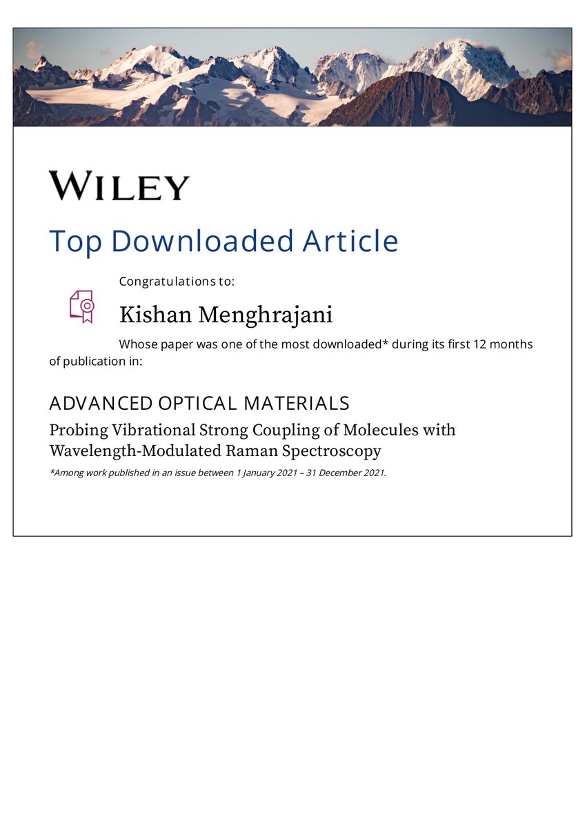 KISHANSM's tweet photo. Our work on probing vibrational strong coupling of molecules with Wavelength-Modulated Raman Spectroscopy was one of the most downloaded articles in @AdvSciNews :) 
Article:https://t.co/BG6ufczTsR
#TopDownloadedArticle  #AcademicTwitter https://t.co/QMq4glM6pD