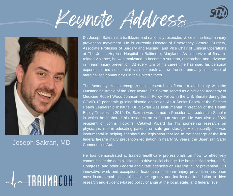SocTraumaNurses's tweet photo. After the President's Address, our Keynote Speaker Joseph Sakran, MD, will speak to his personal experience as a survivor of firearm-related violence and expertise as a surgeon, to advocate for firearm injury prevention. #TraumaCon2023 #TraumaNurses #STN #TraumaConDenver #Keynote https://t.co/cziWsEyS30