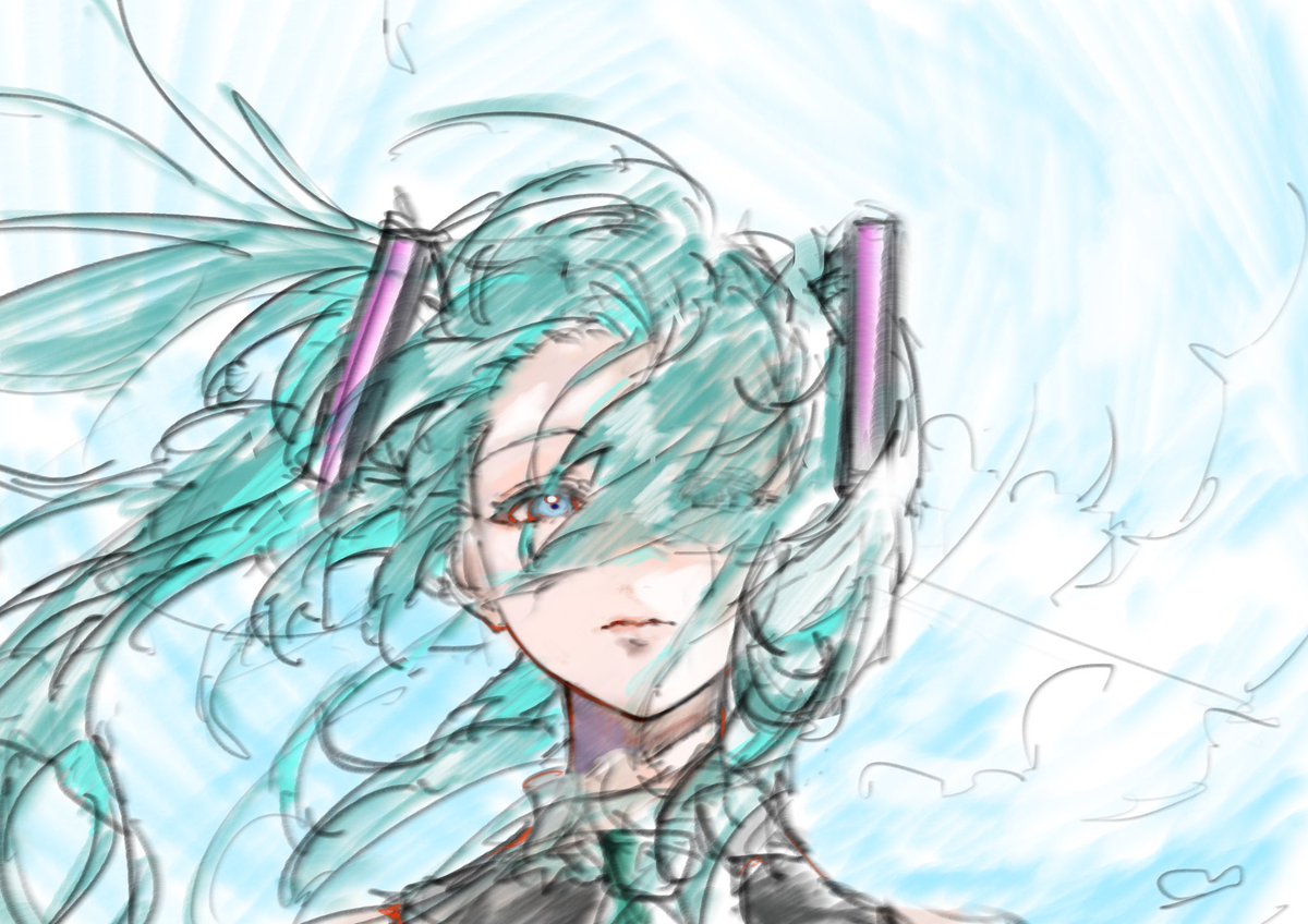 hatsune miku 1girl solo long hair twintails sketch floating hair hair over one eye  illustration images