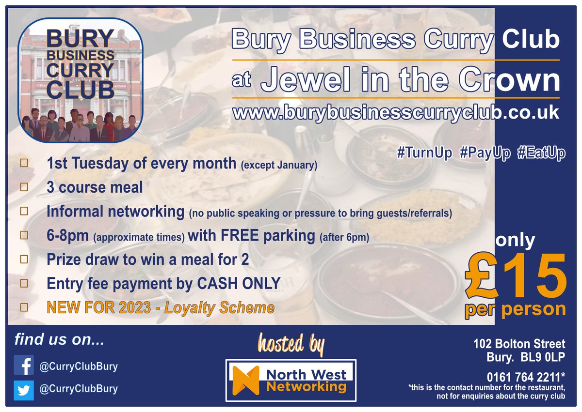 CurryClubBury's tweet photo. It's CURRY CLUB next week!
Informal #networking and meeting up with friends over a great 3-course meal - all for £15.00

* chance to win a FREE meal for two
* loyalty discount card to obtain FREE drinks!

🥘🥘

Get in touch if you want to join us! https://t.co/HtK3MjcR0g