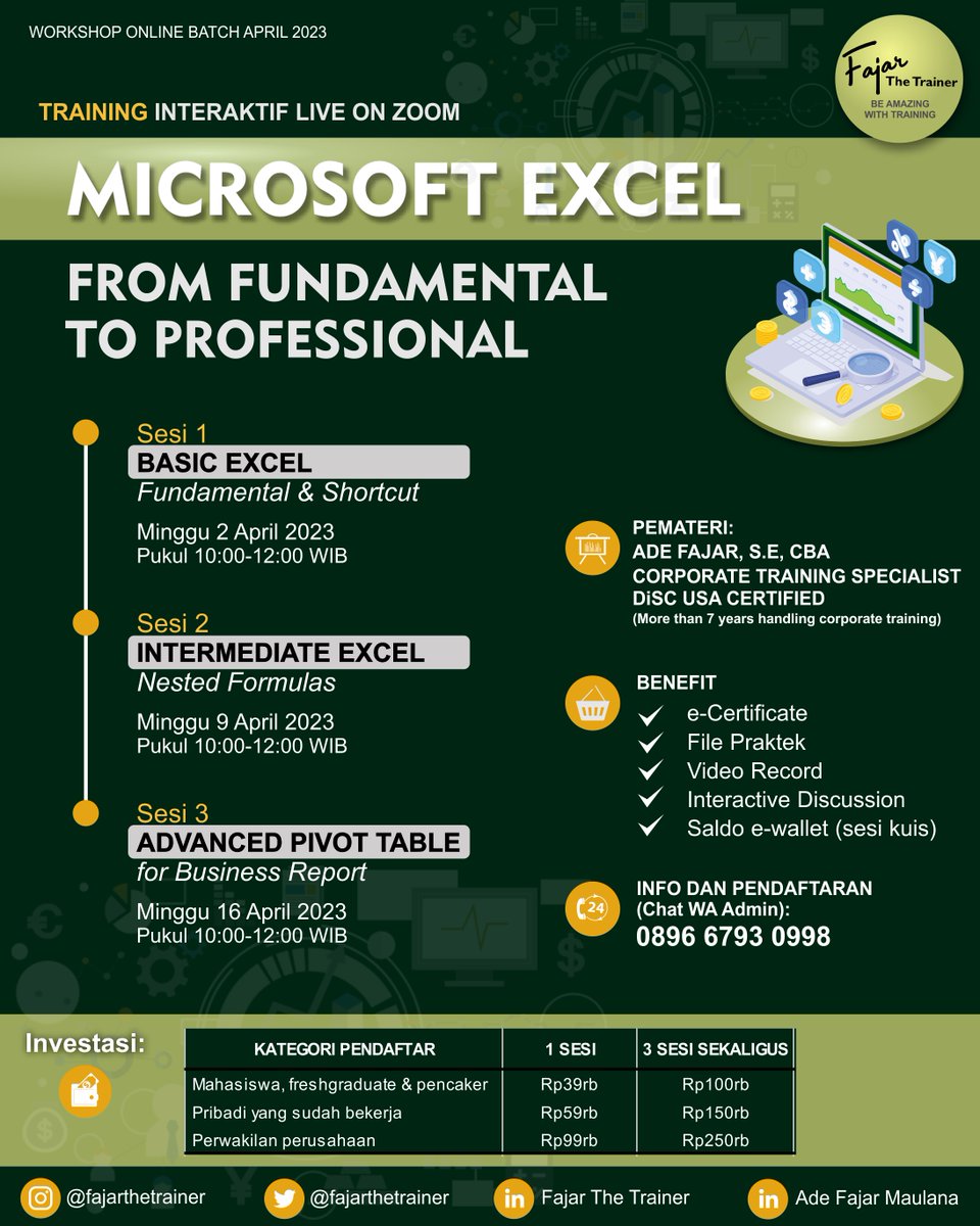 "Kalo di dunia kerja, rumus microsoft excel yang sering digunakan yg mana sih?"
~~
Apa kamu pernah kepikiran pertanyaan itu? Nah bagi kamu yg mau ikut Training Excel dengan materi yang relevan untuk dunia kerja dan bisnis, cek infografis dibawah ini