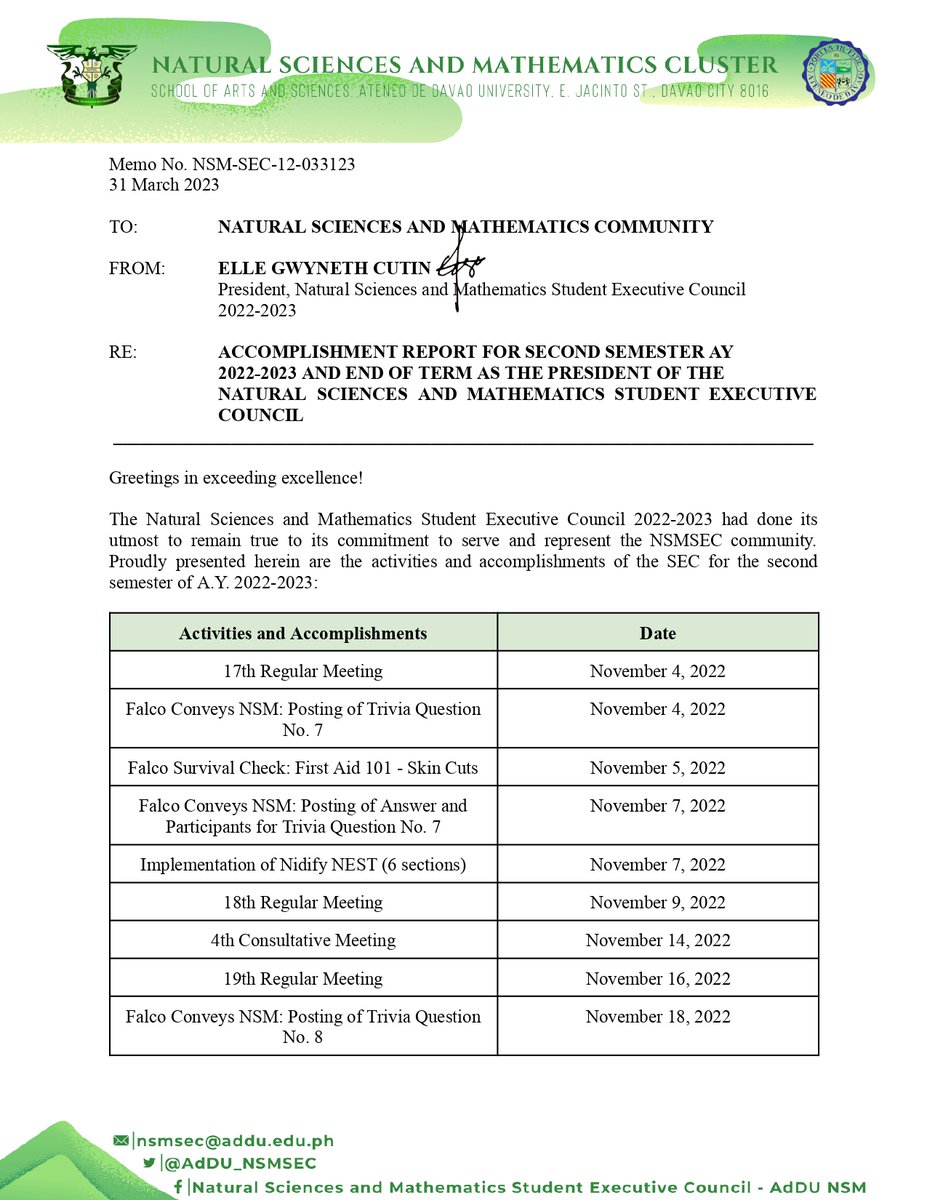 AdDU_NSMSEC's tweet photo. MEMO | Memo No. NSM-SEC-12-033123
Proudly presented below are the activities of the SEC for the second semester of A.Y. 2022-2023. We are sincerely thankful to all the students, faculty, and staff of the NSM Community.
#ExceedingExcellence✨ https://t.co/7Qj5Q5uw65