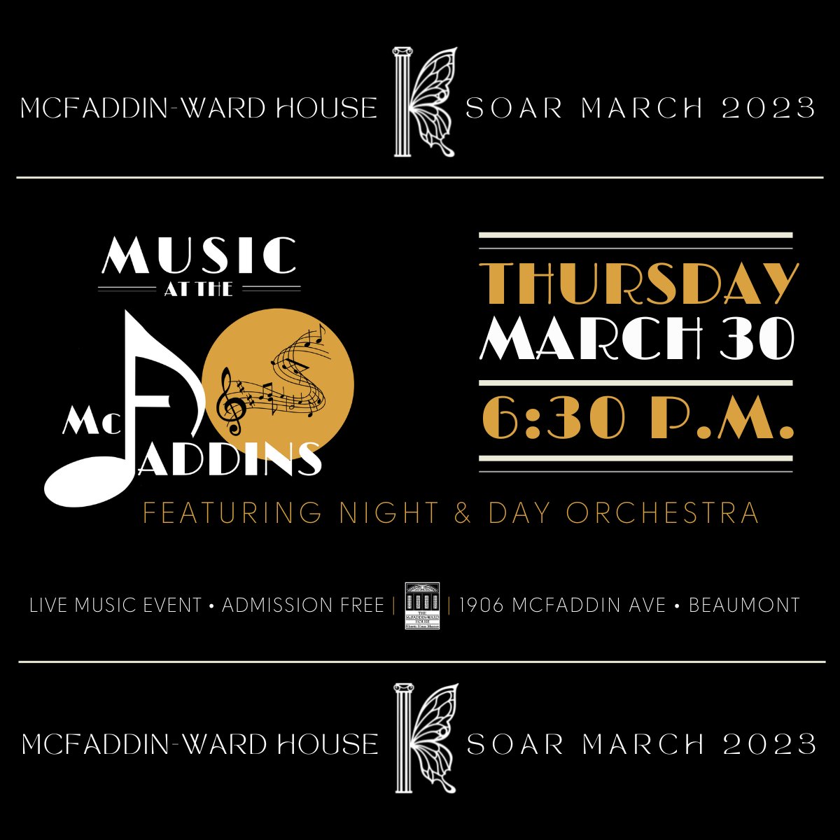 mcfaddinward's tweet photo. ✨Put on your dancing shoes and grab your friends… “Music at the McFaddin’s” featuring “Night &amp; Day Orchestra” is TONIGHT!🎶💃🕺

Don’t forget to bring blankets, chairs, and yummy treats to enjoy the live music on our beautiful grounds. Gates open at 6 p.m. https://t.co/UJXuccdu2H