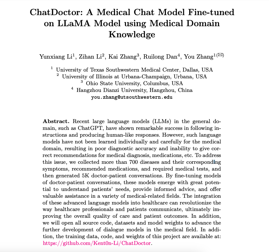 Aiindiaai's tweet photo. #ChatDoctor : A medical Chat model fine-tuned on LLaMA using medical domain knowledge.
Collects data on around 700 different #diseases and generated 5K doctor-patient conversations to finetune the #LLaMA.
Checkout paper: https://t.co/woh5YaEIVO
Code: https://t.co/GyRUTeD1Cb https://t.co/2oFJkLF43s