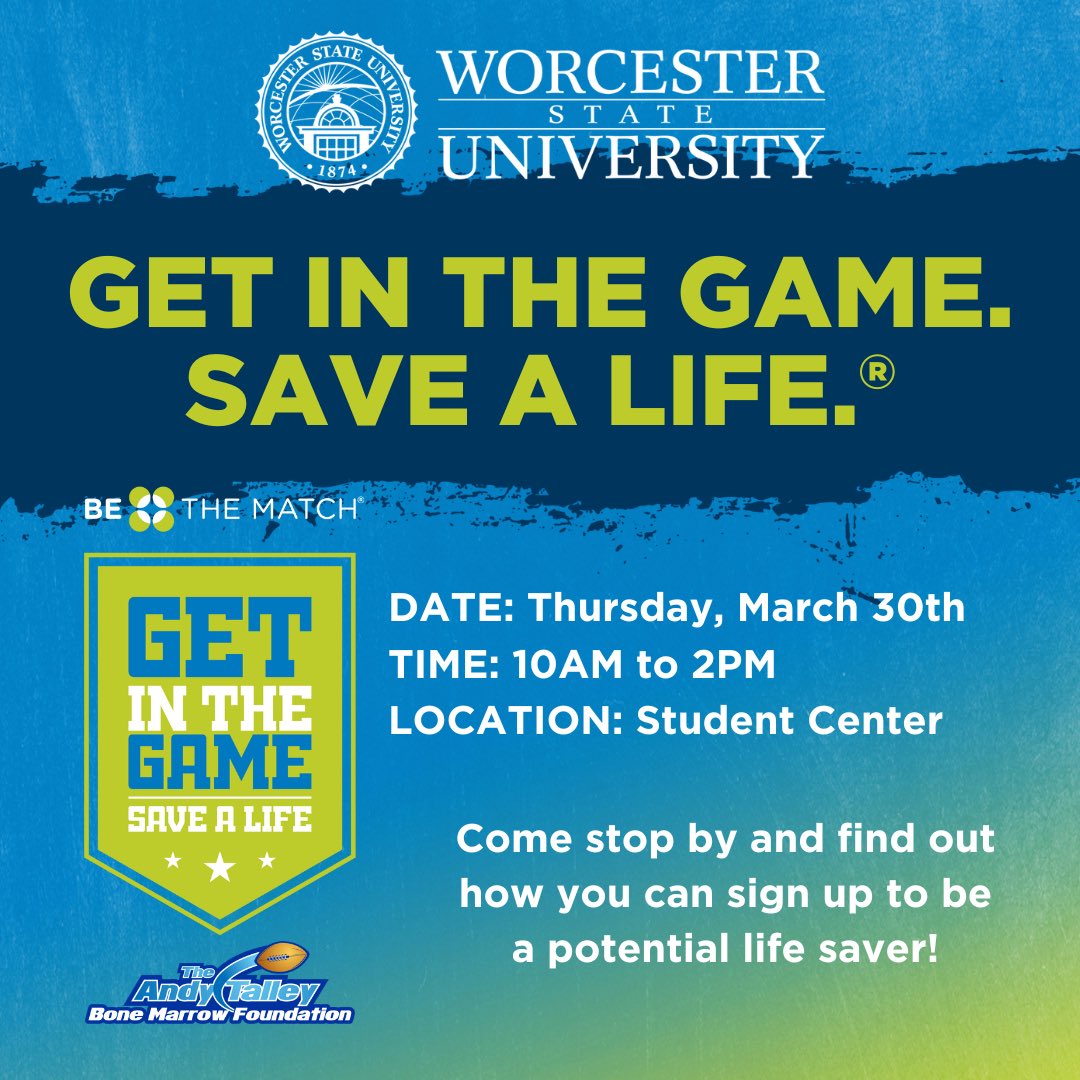 Worcester State Football (@wsu_lancerfb) on Twitter photo Join 🏈 TODAY for the @BeTheMatch event in the Student Center from 10AM - 2PM!
<a href="/WSU_LancerFB/">Worcester State Football</a> is partnering with @BeTheMatchNE to register potential blood stem cell donors.
Come #GetInTheGame and save a life!
#BeTheMatch
🔨#BTH🔨 Join 🏈 TODAY for the @BeTheMatch event in the Student Center from 10AM - 2PM!
<a href="/WSU_LancerFB/">Worcester State Football</a> is partnering with @BeTheMatchNE to register potential blood stem cell donors.
Come #GetInTheGame and save a life!
#BeTheMatch
🔨#BTH🔨