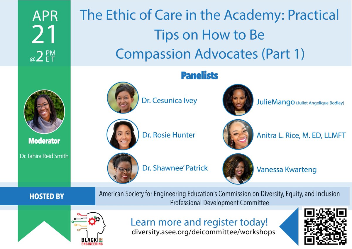ASEEDiversity's tweet photo. JOIN US Friday, April 21, 2023,  2:00 PM - 3:30 PM (ET) for an upcoming panel focused on mental health: The Ethic of Care in the Academy: Practical Tips on How to Be Compassion Advocates (Part I). Stay tuned for more details about Part II. #ASEEIncludes https://t.co/jYIWQWAZcj https://t.co/sZhtPfXtBs