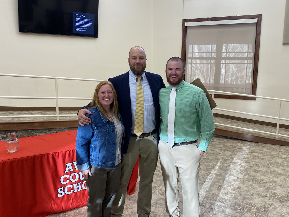 So proud of Mr. Dewayne Krege--AVERY COUNTY SCHOOLS TEACHER OF THE YEAR!!! Flanked by last year's TOY--Chantae Hoilman, and Mr. Mason Morris, CMS TOY.  ACS CTE Teachers are awesome!
#CTEforNC 
<a href="/AveryCountyCTE/">Avery County CTE</a> <a href="/averyhighschool/">Avery High School</a> <a href="/avery_ffa/">AveryHighFFA</a>