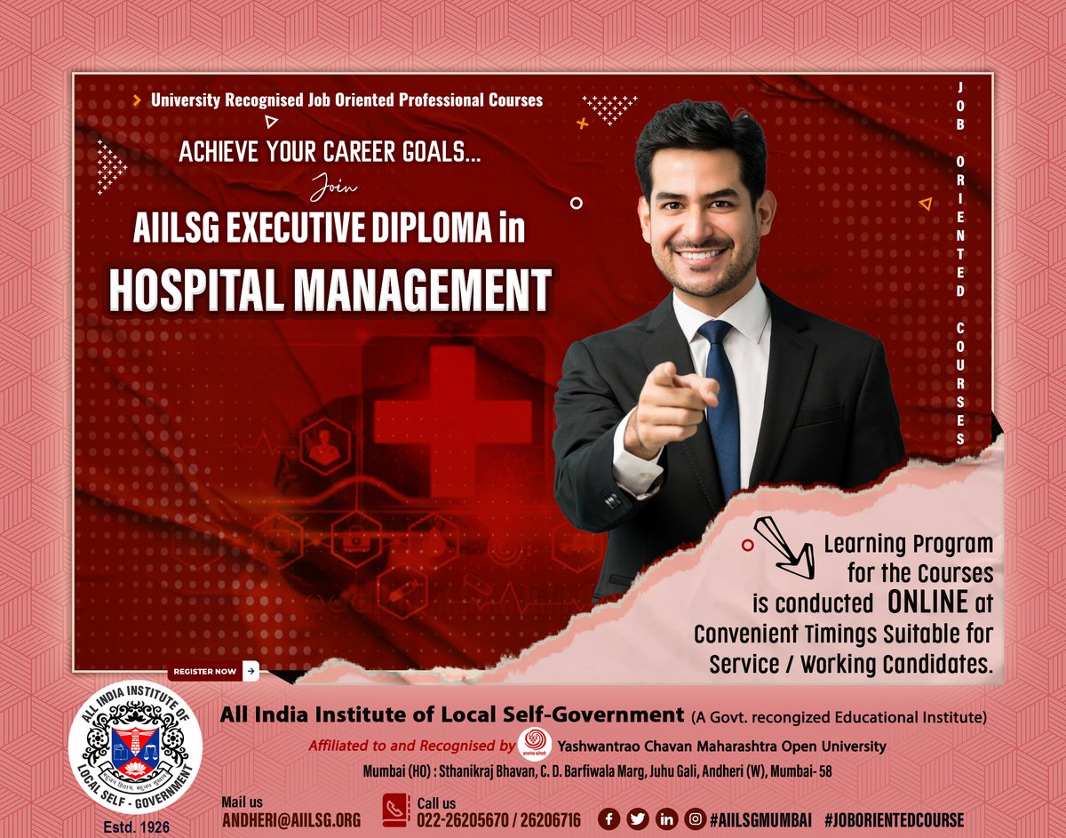 Looking for #CareerGrowth??? Searching for #JobOpportunities?
Join AIILSG Govt. recognised Executive Diploma in HOSPITAL MNGT
#ONLINE Learning / Training as per your convenience; Job Oriented Courses; Training by Professionals.
Contact : 022-26205670 
andheri@aiilsg.org
#Mumbai