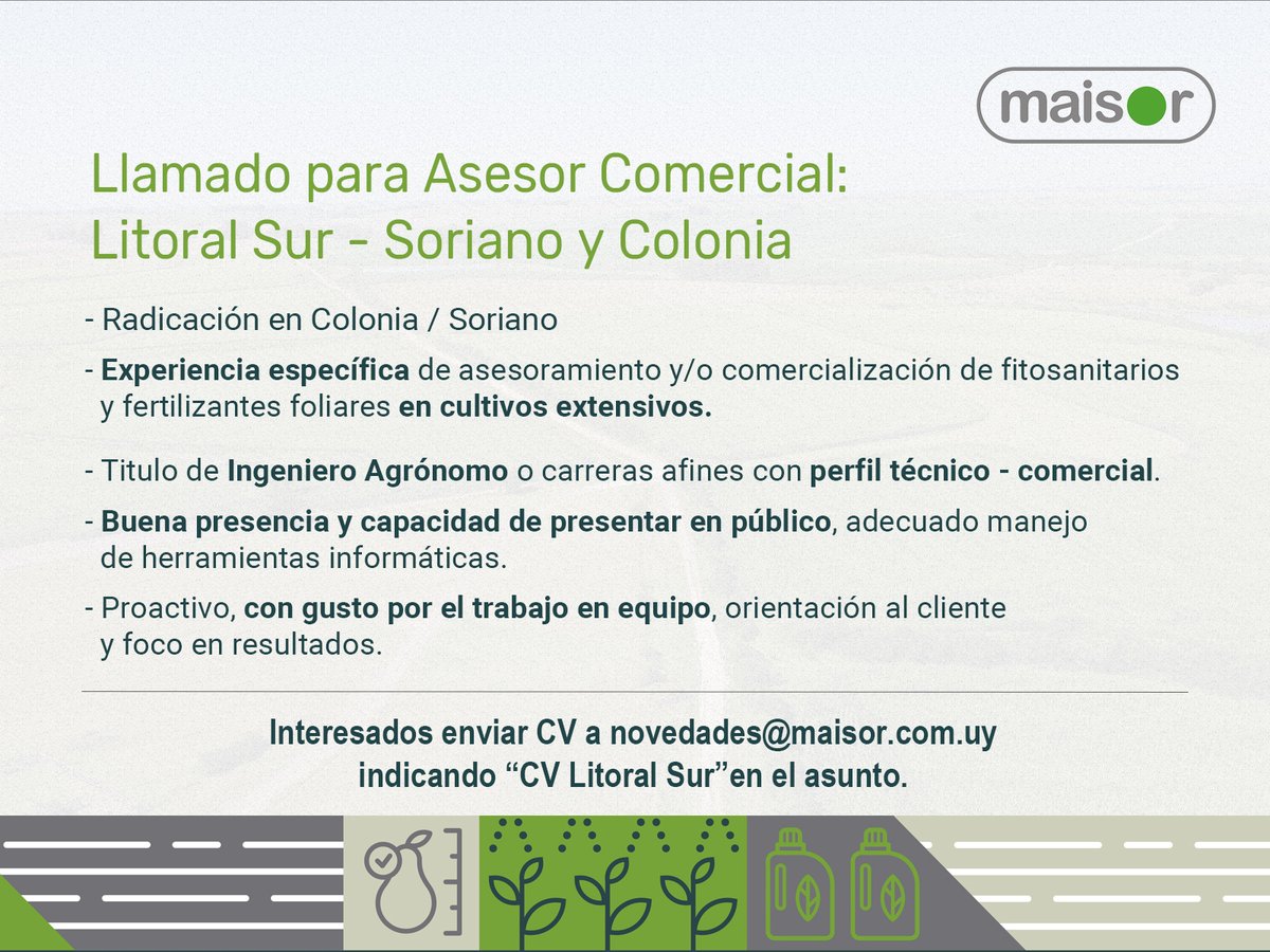 ℹ️ Compartimos llamado de <a href="/Maisor_Agro/">Maisor Agro</a> para Asesor Comercial en el litoral sur.

Te recomendamos leer las indicaciones de la imagen del post..

¡Sumate a nuestro equipo! 
🌾🌽☘️