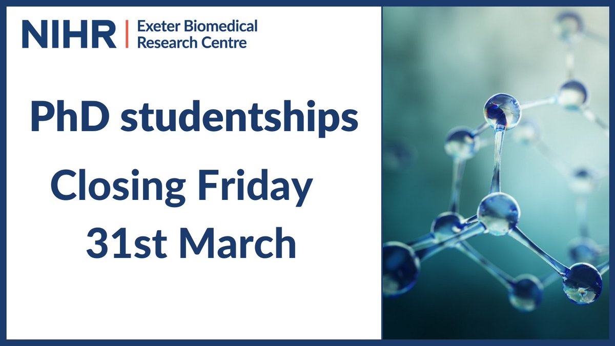 🚨 Closing tomorrow! 🚨

Apply for one of our fully funded PhD studentships with world-leading researchers in:

💉 Diabetes 
🍄 Clinical Mycology
 👟Rehabilitation 
 🦠Genetics &amp; Genomics
 🧠Neurodegeneration

➡️ Details of all 24 projects + apply here: tinyurl.com/ExeterBRCPhD