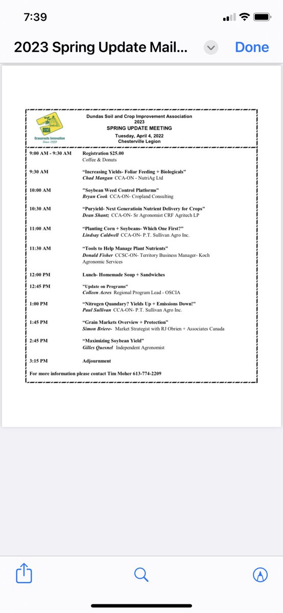 Dundas Soil and Crop Spring Update Meeting, Tuesday April 4th at the Chesterville Legion, there is a full day of information, come on out. #ontag <a href="/NutriAg_Chad/">Chad Mangan</a> <a href="/BryanC_Cropland/">Bryan Cook</a> <a href="/DeanShantz66/">Dean Shantz</a> <a href="/lindseyclarke17/">Lindsey Caldwell</a> <a href="/dfisher78/">Donald Fisher</a> <a href="/ColleenAcres/">Colleen Acres🇨🇦🐑🚜🌽🌱🌾👩‍🌾</a>  <a href="/SullivanAgro/">Paul Sullivan</a> <a href="/BriereSimon/">Simon Briere</a> <a href="/GillesQuesnel/">Gilles Quesnel</a>