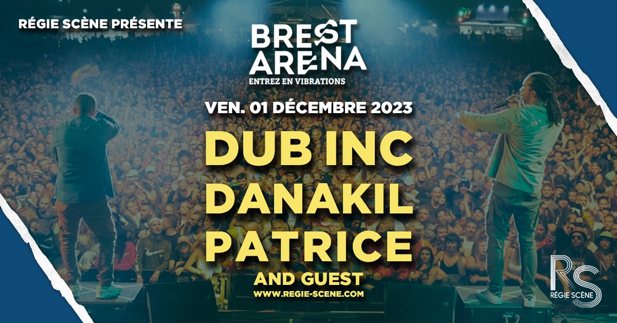 | 𝗕𝗜𝗚 𝗔𝗡𝗡𝗢𝗡𝗖𝗘📍C’est LA soirée événement de 2023 à @BrestArena . Une première dans le Pays de Brest avec les grands noms du reggae francophone et européen : @dubincofficial @Danakilweb <a href="/Patricemusic/">P A T R I C E</a>  + guest ! 🏁 Billetterie disponible : regie-scene.com/billetterie-en…