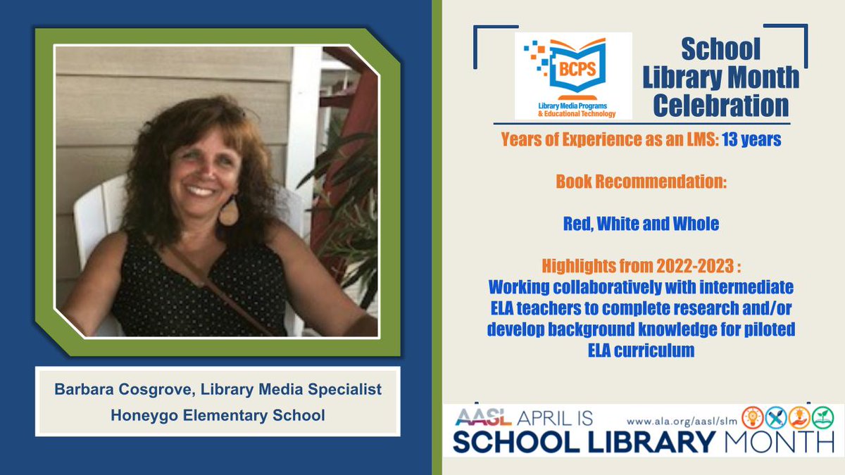 BCPS LMP (@bcpslmp) on Twitter photo April is School Library Month #AASLslm. Today we celebrate Barbara Cosgrove <a href="/Honeygo_Library/">Mrs.Cosgrove'sLibrary</a>, #bcpslms <a href="/HoneygoElem/">Honeygo Elementary</a>. Thank you for all that you do for your students, staff, school, and community! <a href="/BaltCoPS/">Baltimore County Public Schools</a> April is School Library Month #AASLslm. Today we celebrate Barbara Cosgrove <a href="/Honeygo_Library/">Mrs.Cosgrove'sLibrary</a>, #bcpslms <a href="/HoneygoElem/">Honeygo Elementary</a>. Thank you for all that you do for your students, staff, school, and community! <a href="/BaltCoPS/">Baltimore County Public Schools</a>