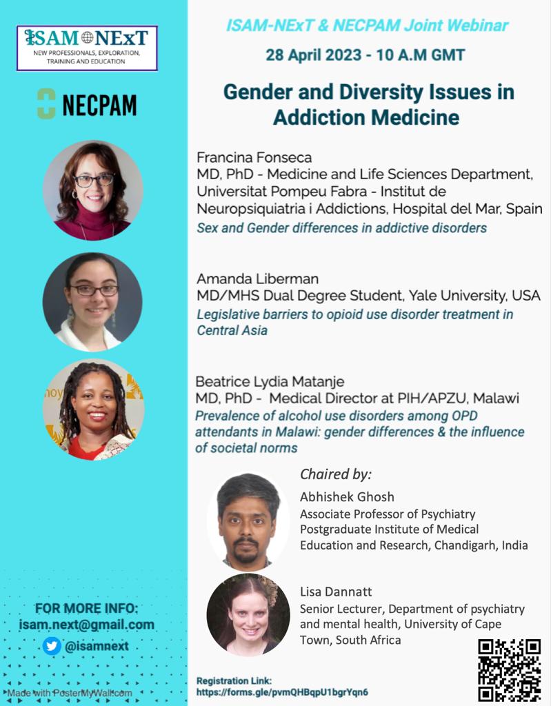 Register for the upcoming <a href="/isamnext/">ISAMNExT</a> and <a href="/necpam/">NECPAM</a> Joint Webinar on 28th April 2023 from 10 am GMT!!! The Theme of the Webinar is “Gender and Diversity Issues in Addiction Medicine”!!! 
Click here to register: forms.gle/8JXMZm97peQZ1j… 
<a href="/ISAMAddiction/">ISAMAddiction</a> <a href="/necpam/">NECPAM</a> <a href="/drroshansindia/">Roshan Bhad</a>