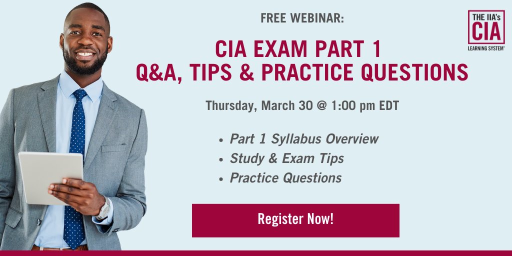 learncia's tweet photo. Have plans for today at 1:00 p.m. EDT (GMT-4)? Join instructor, Goli Trump, CIA, CRMA, CFE, for a free one-hour webinar to help you prepare for Part 1 of the #CIAexam. Register now! https://t.co/x1uXCX9sPM
#CIAExamPrep #CertifiedInternalAuditor #AuditLife #InternalAudit #TheIIA https://t.co/Lz9MnbVkWl