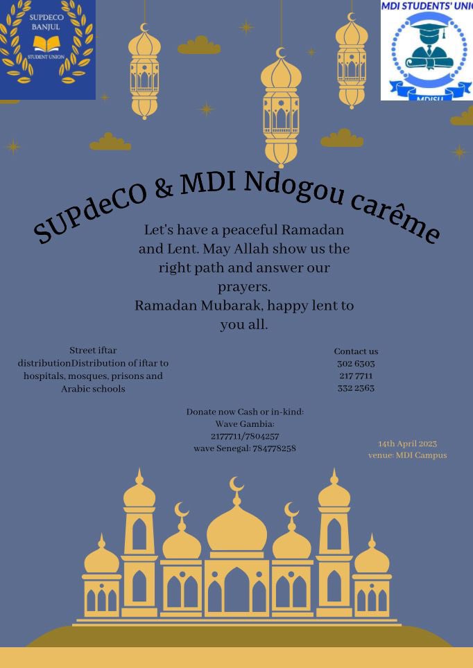 MDI &amp; SUPDECO student Union are organizing IFTAR AND LENT to give food to people that find It difficult to eat.
So we are calling everyone to contribute their part, you can contribute through wave or contact us on: 3026303/2177711/3322363