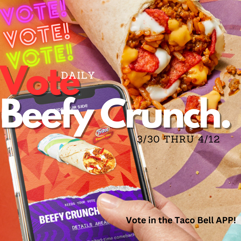 bcbmovement's tweet photo. VOTE BEEFY CRUNCH!! - Vote Daily 3/30-4/12 on the Taco Bell App and let them know you want the Beefy Crunch Burrito back later this year!
https://t.co/vhEindm6Am

#BeefyCrunchBurrito #TeamBeefyCrunch #BeefyCrunchMovement #8Tattoos #66000Fans #12Years #BRINGITBACK https://t.co/znWSOY0TwC