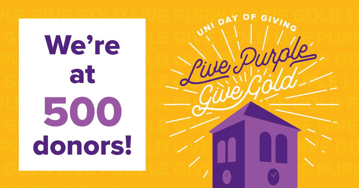 Thanks to you, we just reached 500 DONORS! Super stoked and thankful to all our alumni and friends who have given to #LivePurpleGiveGold so far. If you haven't made your gift, make sure to get it in by midnight at givecampus.com/i2i005.