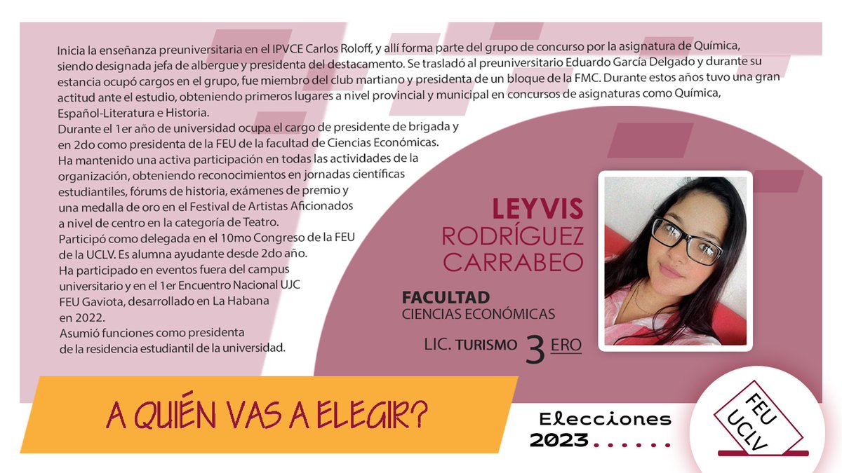 FEU_UCLV's tweet photo. El próximo lunes se inician las #EleccionesFEU en la #UCLVnuestra. 🗳 

¿Ya conoces a los candidatos al secretariado central? Desde hoy comenzamos la divulgación de sus autobiografías 📃. 

#SomosFEU https://t.co/tUVIDmic6h