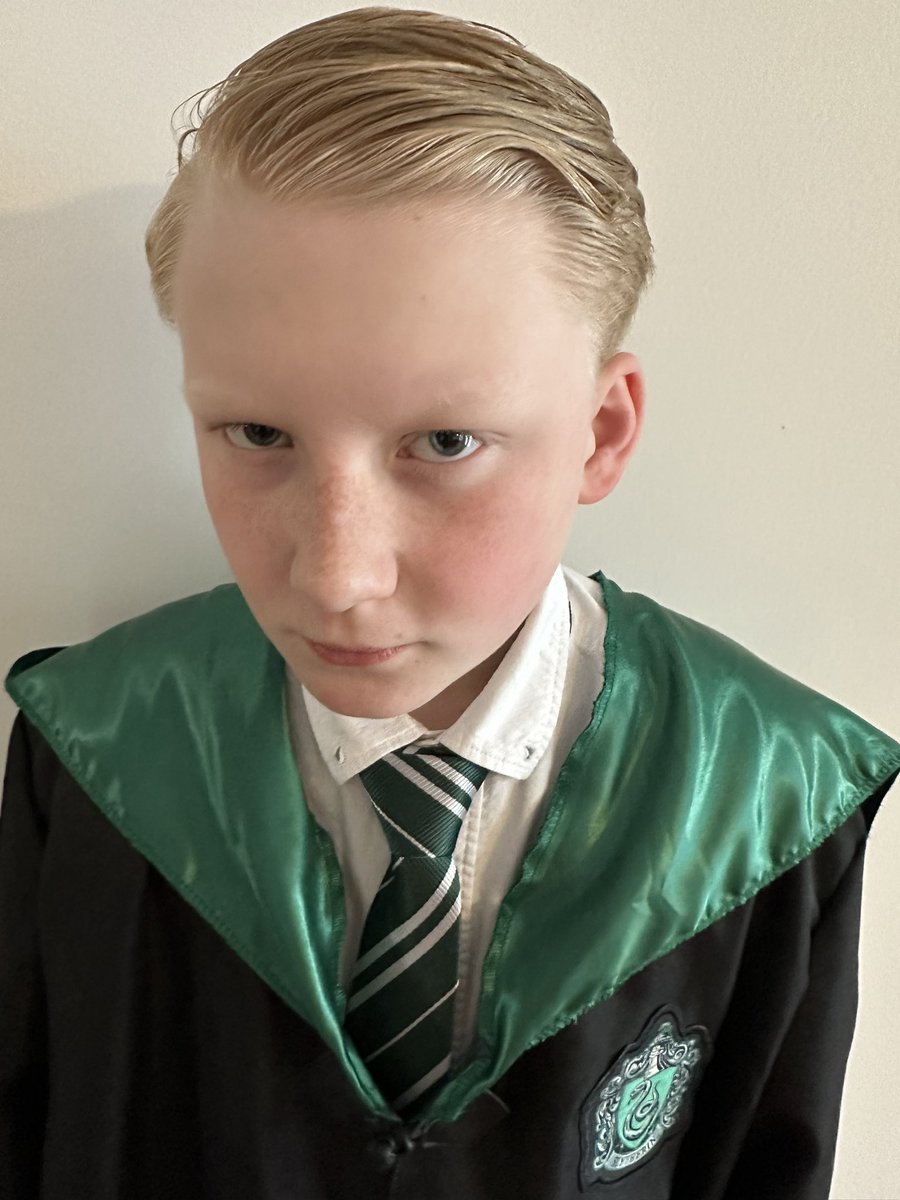 JennLMack's tweet photo. @TomFelton my kiddo nailed his dress like your favorite book character today. #DracoMalfoy #darkarts #wizzard #Slytherin https://t.co/LOYKAZxSU2