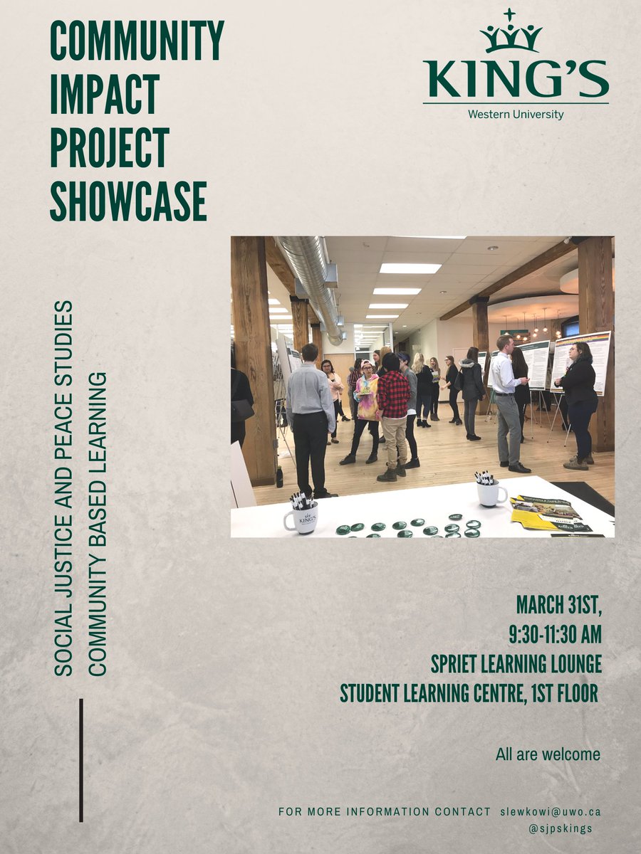 Come see us tomorrow and see student ideas and research related to creating community change in #LdnOnt. All are welcome. #experientiallearning @KingsAtWestern