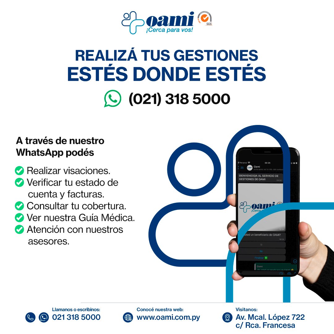 OamiPy's tweet photo. ¿Querés saber más sobre nuestros planes?, ¿tenés alguna duda sobre los convenios?, ¿querés gestionar tus visaciones? ¡Escribinos al WhatsApp! 021 318 5000.
También podés enviarnos un DM para ponerte en contacto con nuestros asesores. https://t.co/qey5N24gNM