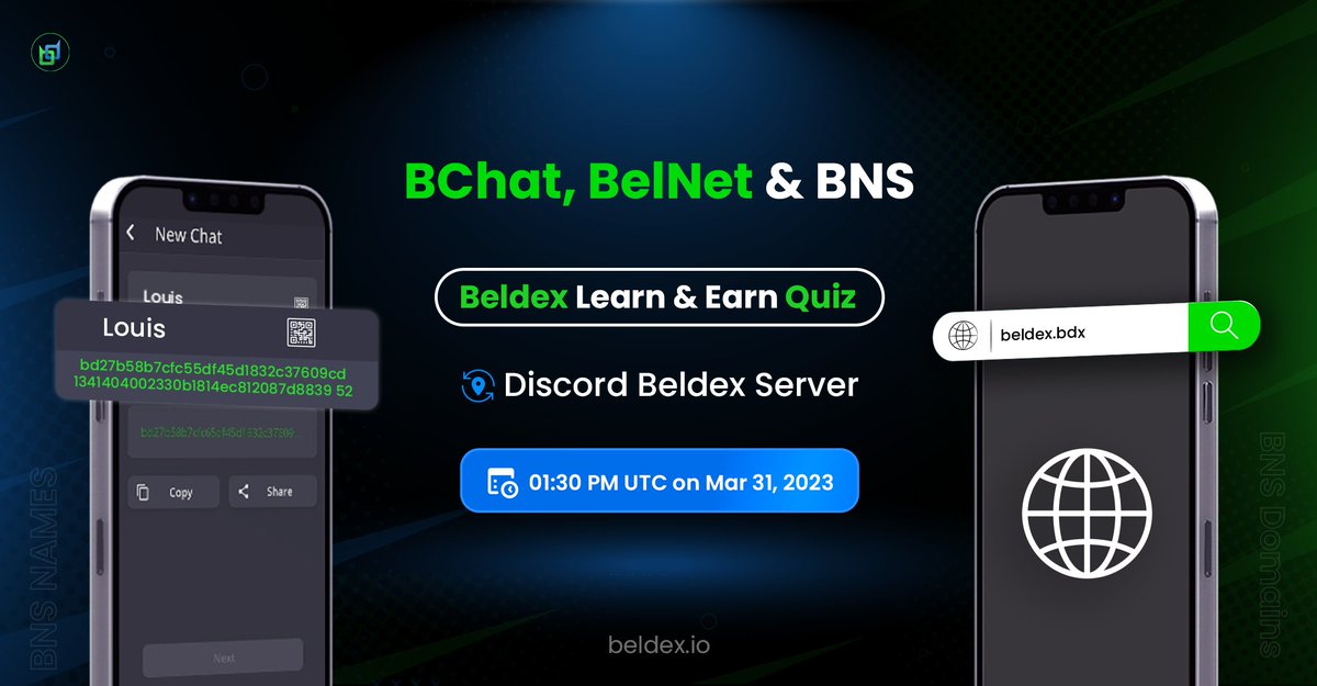 BeldexCoin's tweet photo. 𝐁𝐞𝐥𝐝𝐞𝐱 𝐋𝐞𝐚𝐫𝐧 &amp; 𝐄𝐚𝐫𝐧 𝐐𝐮𝐢𝐳 𝟏𝟑

📖Topic: #Beldex Name Service (BNS)

📍Where?
Beldex Discord #quiz channel

🕕When?
01:30 PM UTC on the 24th of March, 2023

Join our discord to participate - https://t.co/XZRllJoc7M

#Giveaway #BChat #BelNet #BNS $BDX https://t.co/q8ygfkfxLF