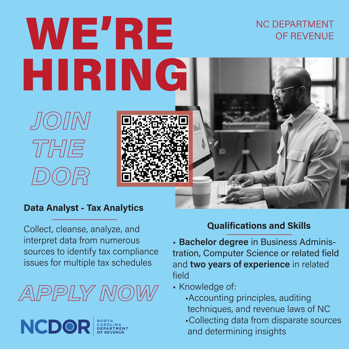 NCDOR's tweet photo. We are looking for a Data Analyst to join our team! If you have a bachelor's in computer science or business administration, then please apply. For more info, please visit https://t.co/L4lmvYMvfM. #Hiring #NCDOR https://t.co/6iQeV9ooeB