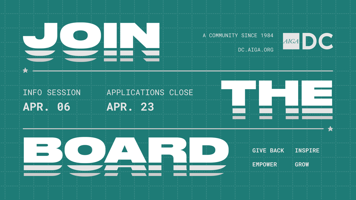 aigadc's tweet photo. Help us elevate #dcdesign! We’re seeking new members for the AIGA DC chapter Board of Directors who can give 4–8 hours weekly for 2 years starting June 2023. Apply yourself or nominate a peer by April 23!
https://t.co/ThadBjRiMV https://t.co/4fVjUoepYe