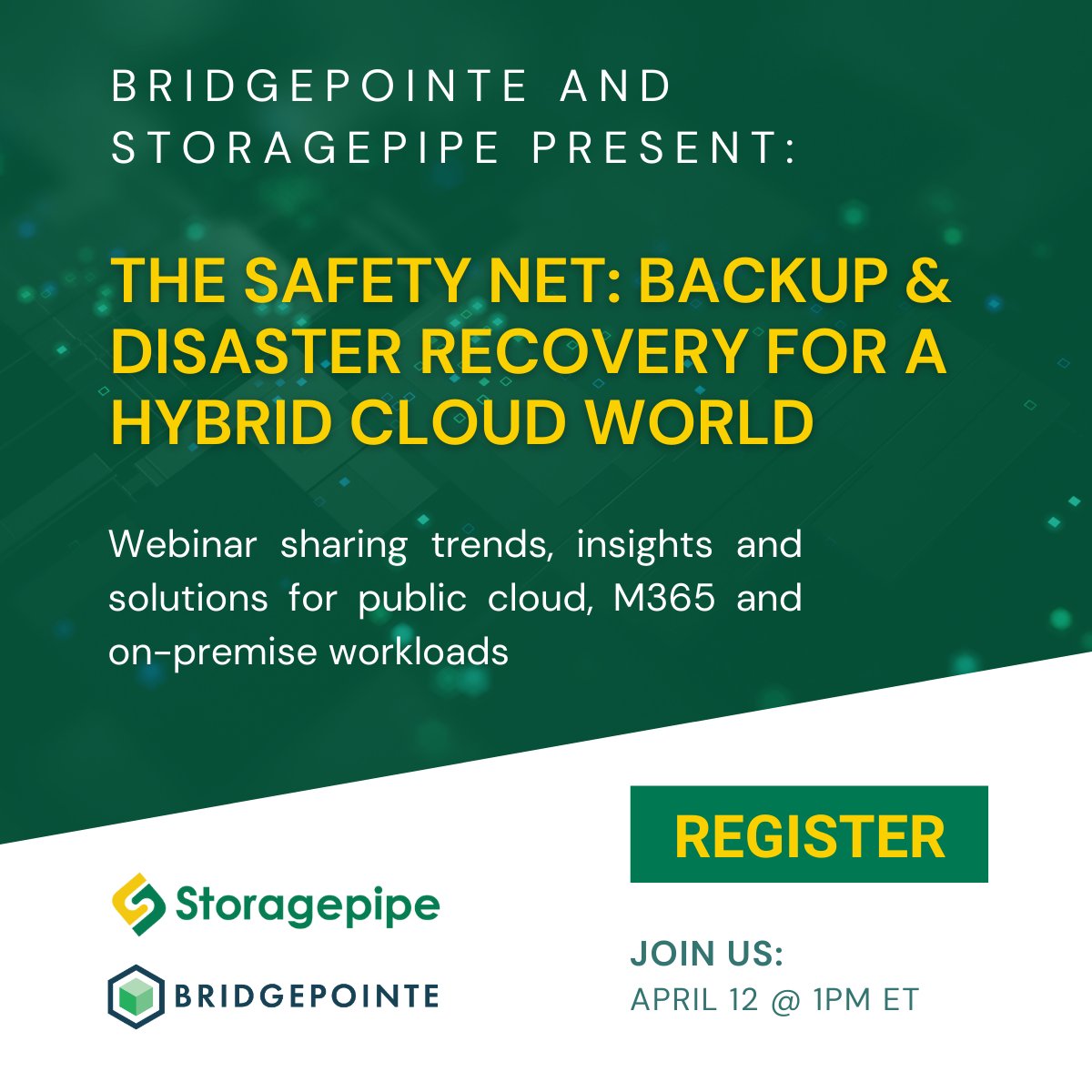 storagepipe's tweet photo. Are you looking to secure your #PublicCloud, #M365 and #on-premise workloads for #backup and #DisasterRecovery but don’t know where to start?

Join our webinar with Bridgepointe and Storagepipe experts on Wednesday, April 12, 2023, at 1 PM EST.

Register: https://t.co/6vS2JXwiB6 https://t.co/mrK7FyAs1F
