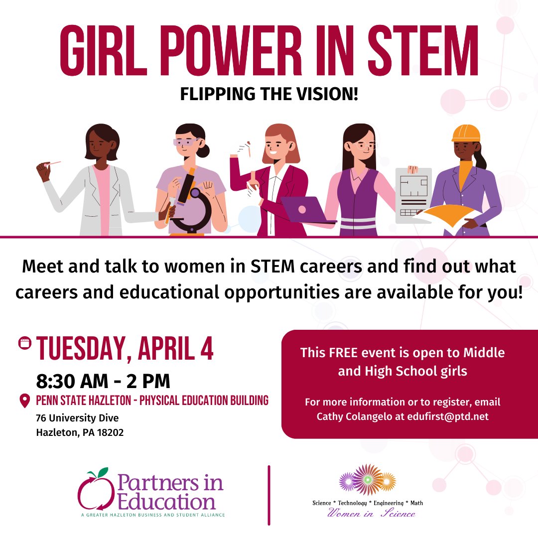 hazletoncando's tweet photo. We are proud to sponsor this year's #GirlPowerinSTEM event by #PartnersinEducation! 👩‍🔬🔬

This FREE event is open to Middle and High School girls where they can meet and talk to women in various #STEM careers.

For more information, call 570-233-0102 or email edufirst@ptd.net https://t.co/C3yaemTxSD
