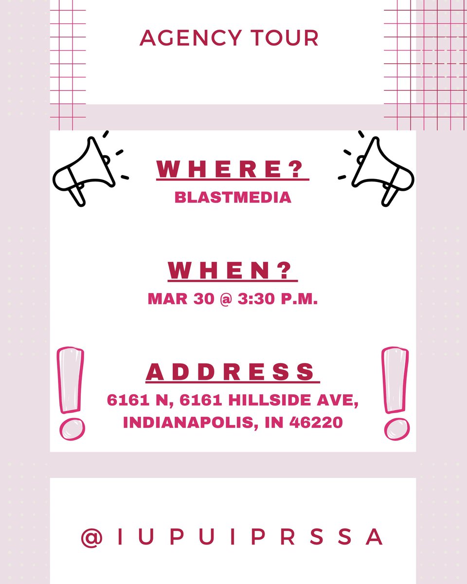 Join us this afternoon at 3:30 for our first agency tour of the chapter at the @BLASTmedia office! 

Come prepared to ask questions, and learn more about the day in the life as a Public Relations Practitioner! #PRSSA #IUPUI