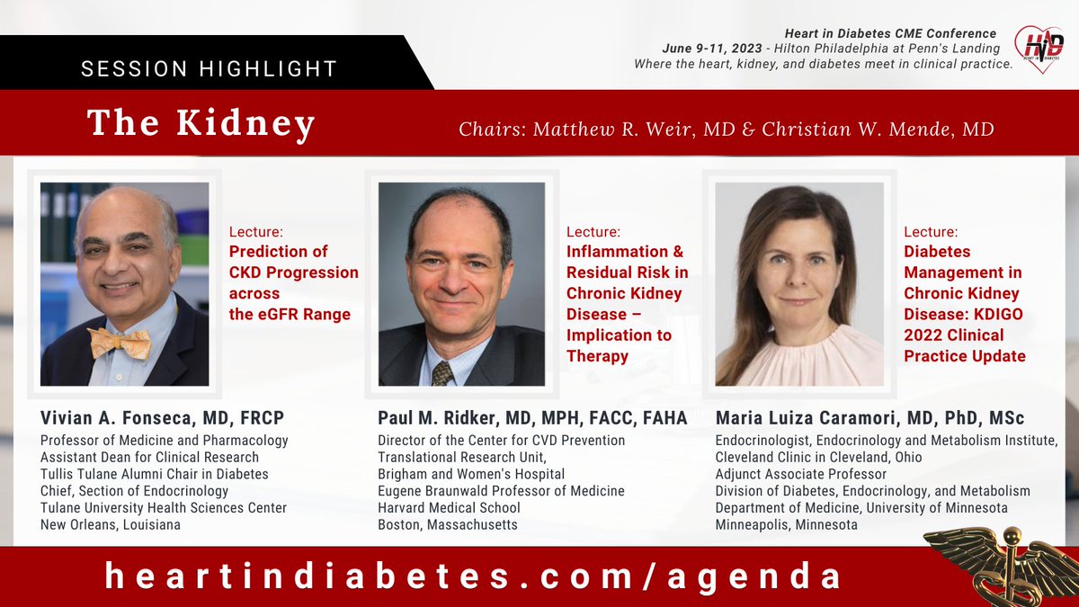 Join Drs. Vivian Fonseca, Paul Ridker, and Maria Luiza Caramori for the 7th @HeartinDiabetes session: The Kidney. To view all #cme sessions, visit heartindiabetes.com/agenda

@tulanemedical @BrighamWomens @harvardmed @ClevelandClinic @MHealthFairview #NationalKidneyMonth #endoed