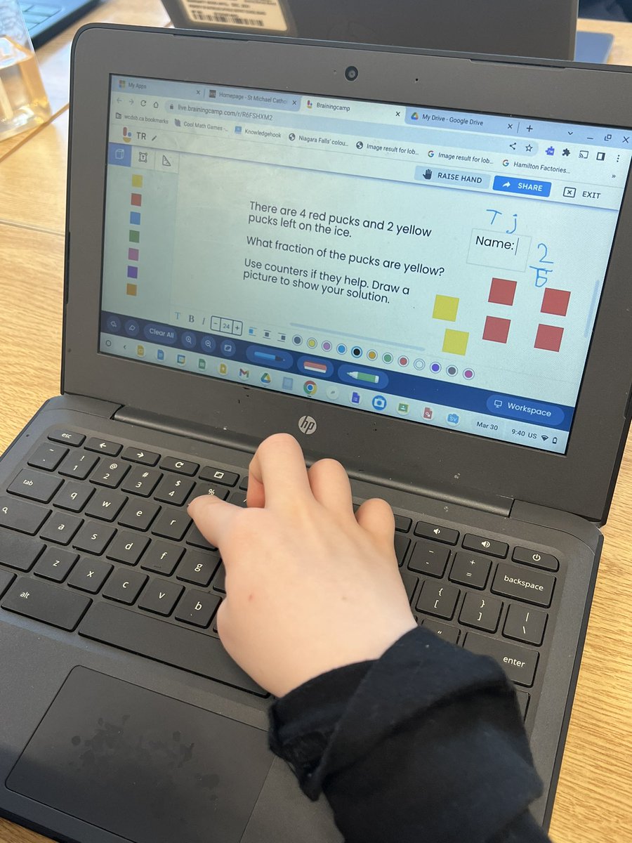 MrsCunningham17's tweet photo. The Grade 2/3 class is rocking our fraction consolidation using @brainingcamp tools with questions from @PearsonMatholo1. I’m amazed! @StMichaelAngels @WCDSBLearns https://t.co/FQlFdIvz6T