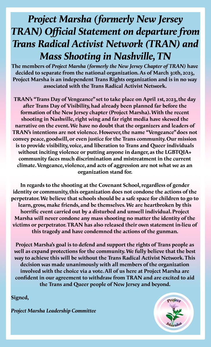 Project_Marsha's tweet photo. Project Marsha's (formerly New Jersey Chapter of TRAN) Official Statement on departure from Trans Radical Activist Network and Mass Shooting in Nashville, TN https://t.co/ulfHWGO7o8