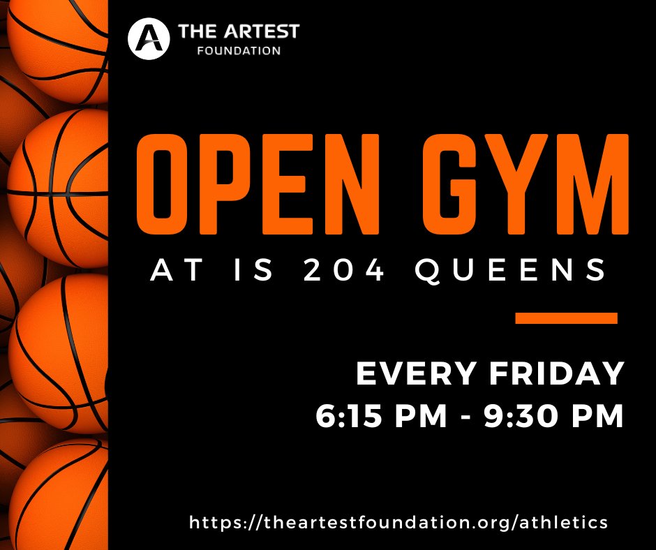 Attention all sports lovers ages 12–18 years old!
Get ready to hit the #OpenGym at #IS204School on Fridays for a fun-filled night!
Bring your friends and family along and join us from 6:15 pm to 9:30 pm every Friday.⁣⁣

For more information, go to: theartestfoundation.org/athletics