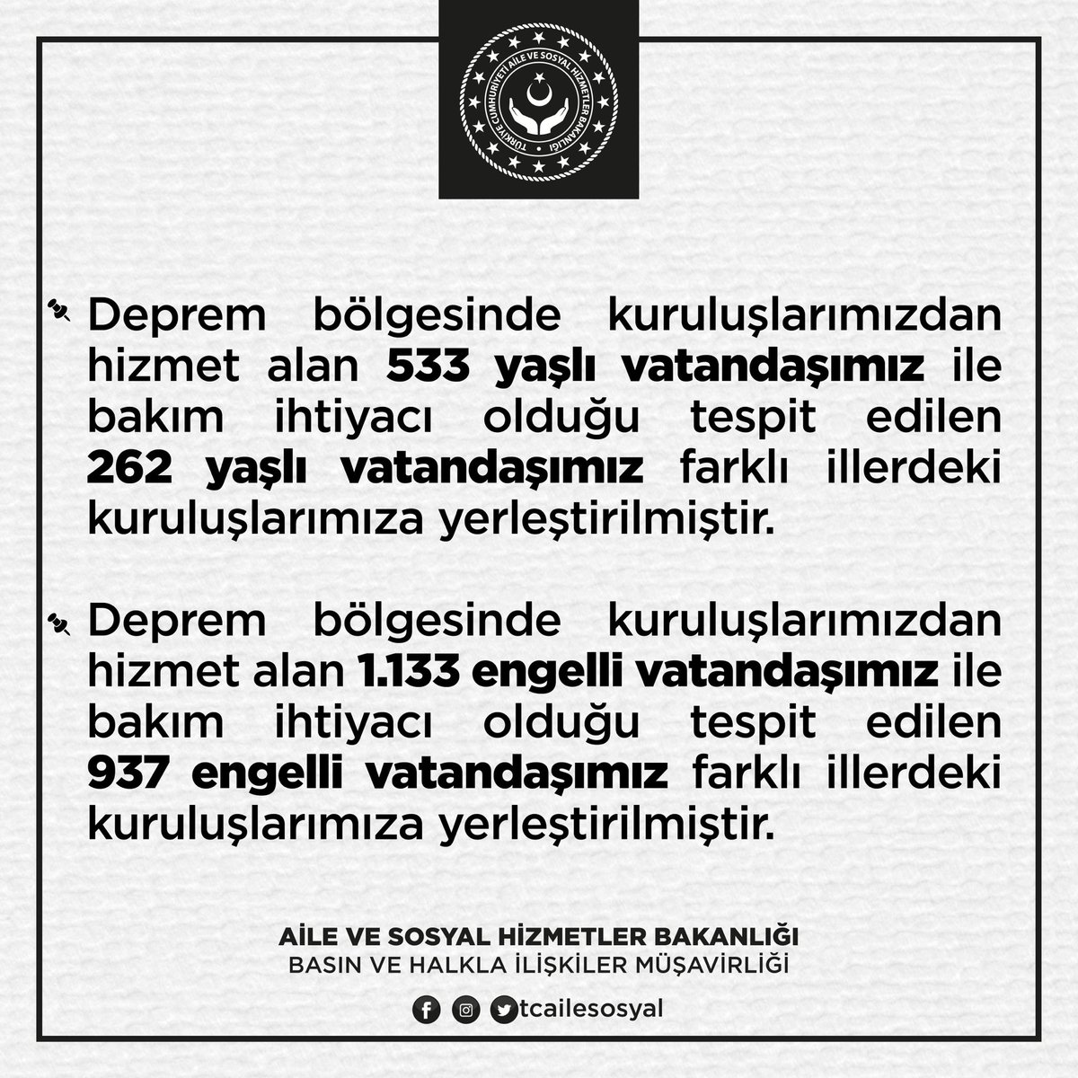 Deprem bölgesinde kuruluşlarımızdan hizmet alan,

📌 533 yaşlı vatandaşımız ile bakıma ihtiyacı olan 262 yaşlı vatandaşımız
📌 1.133 engelli vatandaşımız ile bakıma ihtiyacı olan 937 engelli vatandaşımız

farklı illerdeki kuruluşlarımıza yerleştirilmiştir.