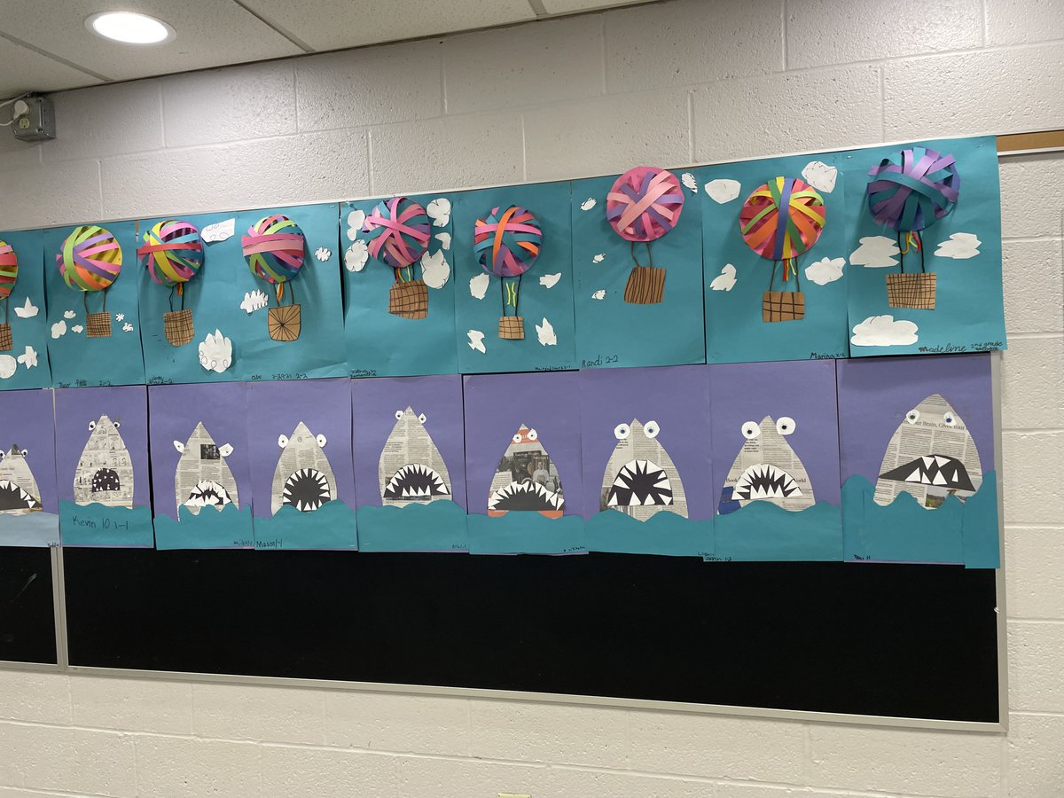 Up, up and away! 🎈 They may need a bigger boat 🦈 😉 The art room is soaring to new heights with these newest art projects, and we're thankful for our 8th-grade helpers who take time out of their day to display it all!