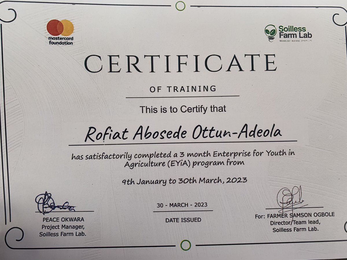 I just completed a 3- month training on Hydroponics (soiless farming) where we were taught and learned about the basics of running an agribusiness and so much more.
I want to say a very big thank you to @thewizardfarmer Farmer Samson Ogbole and @mastercardfoundation