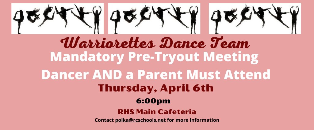 Interested in trying out for next year's team? Step One: You AND a parent MUST attend the MANDATORY Pre-Tryout Meeting on Thursday, April 6th at 6pm in the RHS Main Cafeteria. Hope to see you there!!!