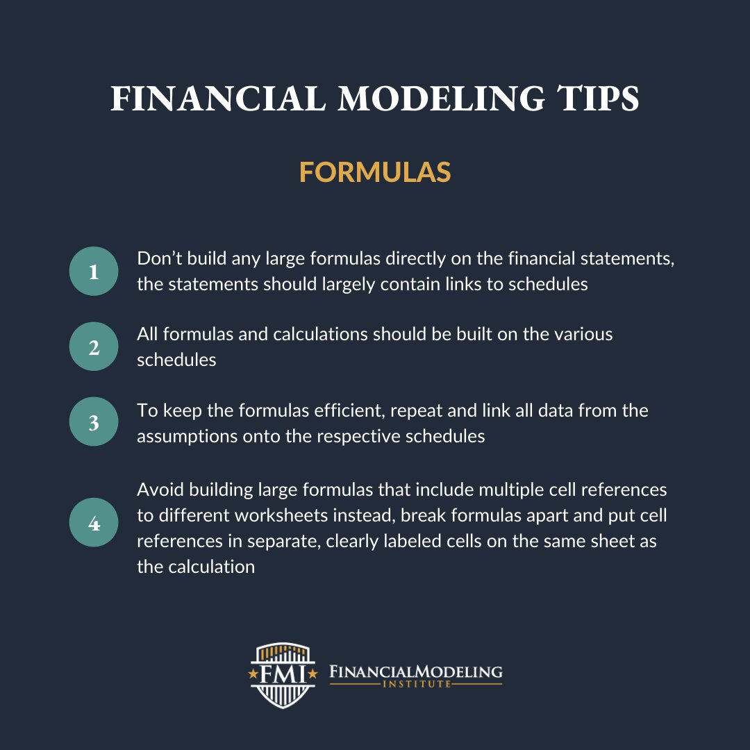 FMI_Institute's tweet photo. These tips are #BestPractices for using #formulas in #FinancialModeling. By applying these tips, financial modelers can improve their overall proficiency in using formulas and create financial models that serve as a powerful communication tool. https://t.co/jvVLP3JPsZ