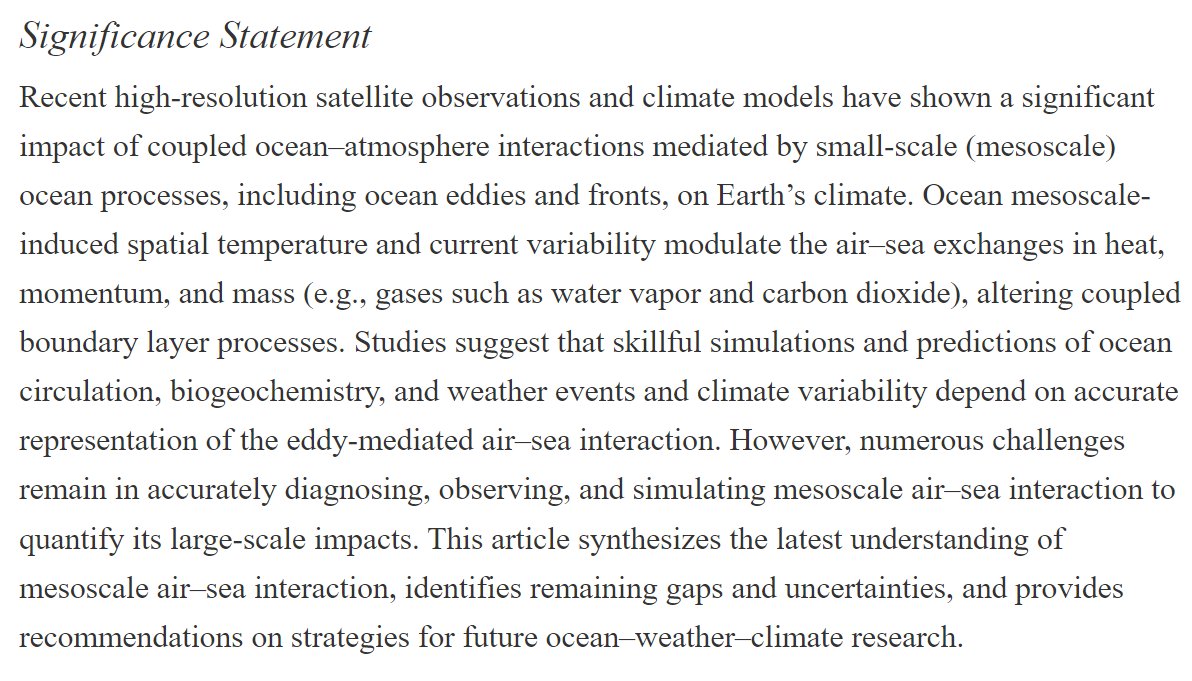 AMSPublications's tweet photo. "Ocean Mesoscale and Frontal-Scale Ocean–Atmosphere Interactions and Influence on Large-Scale Climate: A Review", Journal of Climate 36, 7 (2023): 1981-2013, https://t.co/1D8oCu4g2s #JClimate

1/2 https://t.co/5R3hZ278L5